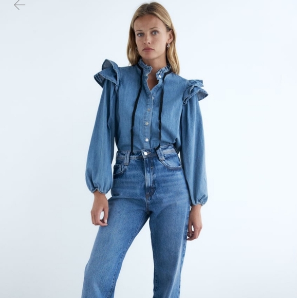 Zara Tops Zara Ruffled Denim Shirt Poshmark
